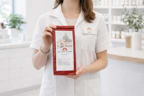 KI-generiert Mitarbeiterin der Rotunden Apotheke präsentiert Teekräuter und Arzneitee aus eigener Herstellung in der Apotheke.