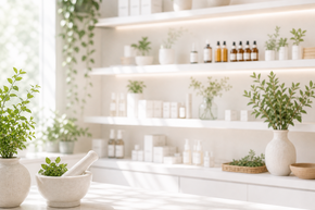 KI-generiert Helle, moderne Naturapotheke mit pflanzlichen Produkten, Kräutern und natürlicher Pflege in ruhiger, freundlicher Atmosphäre.