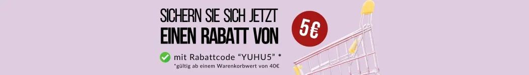 Banner mit Hinweis auf einen Rabatt im Warenkorb mit dem Rabattcode "YUHU5".
